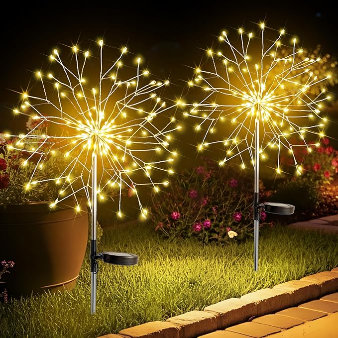suddus Solar Garden Lights Outdoor Waterproof Decorative, Upgrade 2Pack 150LED Firework Lights, Solar Fairy Lights for Yard, Garden, Party, Patio, Pathway, Flowerbed - Warm White