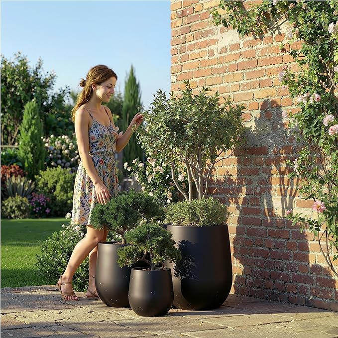 DTY Signature Mount Wilson Modern Indoor Outdoor Fiberstone Tapered Planter, Lightweight, Weather Resistant Garden Pot with Drainage Hole & Rubber Plug, Planter for Christmas Decor - Black, Small