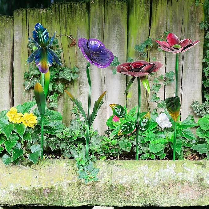 Voltogar 28.5" H Large Flower Stake Metal Decoration for Garden Set of 4, Plant Pick Art Ornaments Waterproof Stake for Lawn Porch Pathway Patio Flower Bed, Yard Outdoor Ornaments(Red & Purple & Blue)