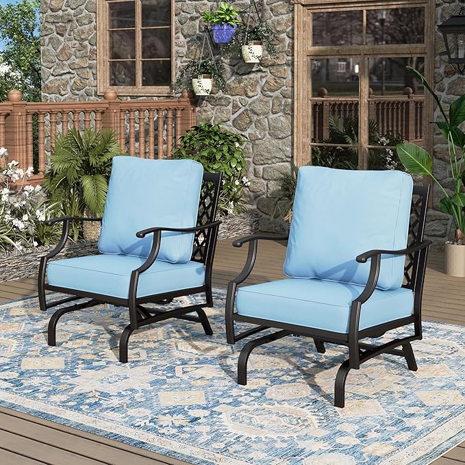 Patio Chairs Set of 2, High Back Outdoor Patio Metal Chairs with 5.75" Thick Cushions for Bistro Balcony Porch Deck and Yard, Blue