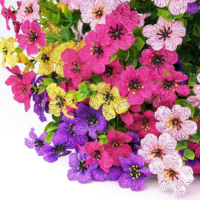 Elyum Artificial Flowers for Outdoors, 18 Bundles Artificial Flowers for Decoration, UV Resistant Fake Outdoor Flowers Artificial Plants for Outside Garden Porch Patio Yard Decor