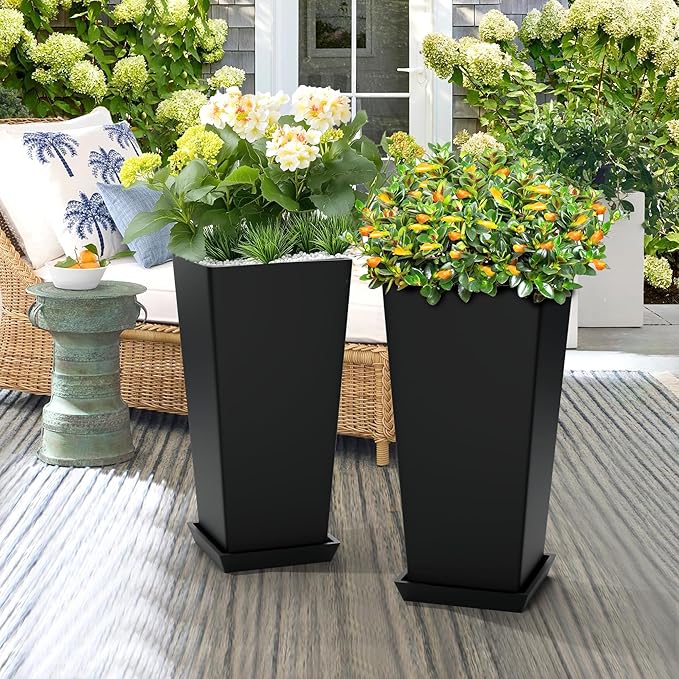 TUYOHW Set of 2 Large Tall Planter for Indoor or Outdoor 24" Flower Pots Tapered Tall Planters with Tray for Porch, Patio, Backyard, Large Planters for Outdoor Indoor Plants(Black)