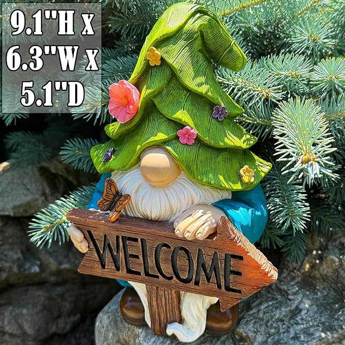 Mood Lab Garden Gnome - Solar Gnome Figurine with Welcome Sign - 9.1 Inch Decor Outdoor Lawn Statue with LED Lights