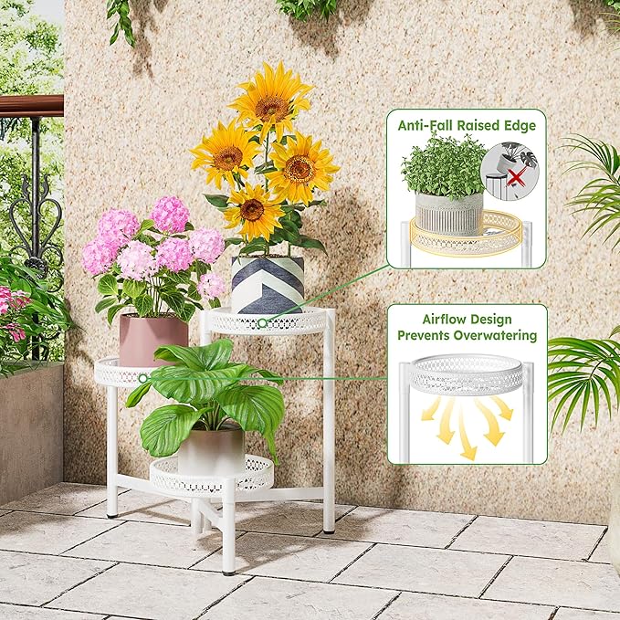 NQW 3 Tiered Tall Plant Stand Indoor Outdoor, Metral Plant Shelf for Corner Display Rack, Multi-Tier Folding Planter Pot Holder Flower Stand for Living Room Balcony Garden Patio - WhiteWave