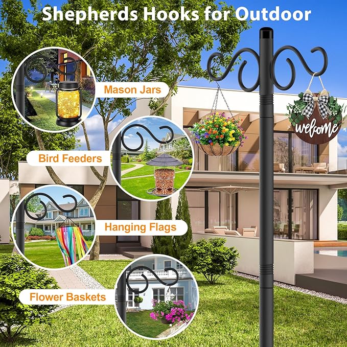 NUERPO Adjustable Shepherd Hooks for Outdoor, 2 Pack 80 Inch 5 Prong Base Bird Two Sided Feeder Poles, Heavy Duty Shepherds Hook, Suitable for Garden in Hanging Flower Basket, Lantern, Bird Nests