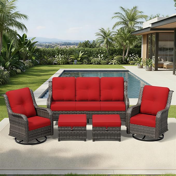 Joyside 5 Piece Wicker Patio Furniture Set, Outdoor Swivel Rocker Patio Chairs with High Back, Deep Seating, Wide Armrest, Thickened Cushions, Outdoor Furniture for Deck, Porch Use