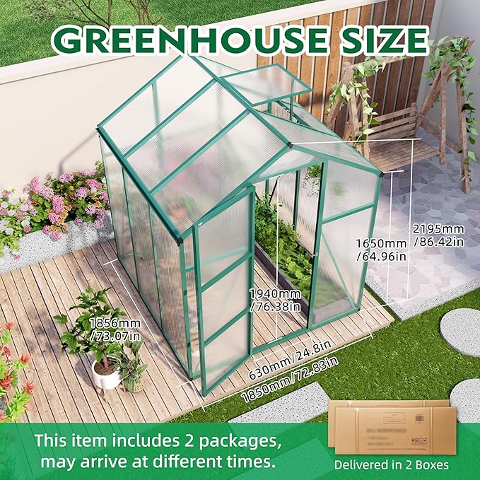 KEIKI Walk-in 6x6 FT Polycarbonate Greenhouse, Aluminum Frame Outdoor Greenhouse with Roof Vent, Anchor Base & UV-Blocking Panels for Backyard Gardening, Green