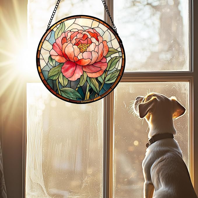 HWRHTR Stained Glass Window Hanging - Pink Peony Floral Suncatcher for Door Garden Yard Birth Flower Sun Catchers Decor Christmas Mother's Day Birthday Gifts for Women Mom Nana Wife Teacher 11.8 in