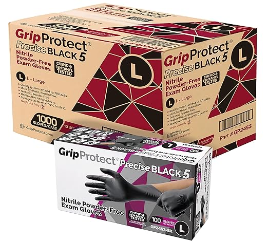 GripProtect Precise Black 5 Nitrile Exam Gloves | 5 Mil Thickness | Chemo-Rated | Medical, Law Enforcement, Tattoo, Dental, Janitorial, Food & Agriculture