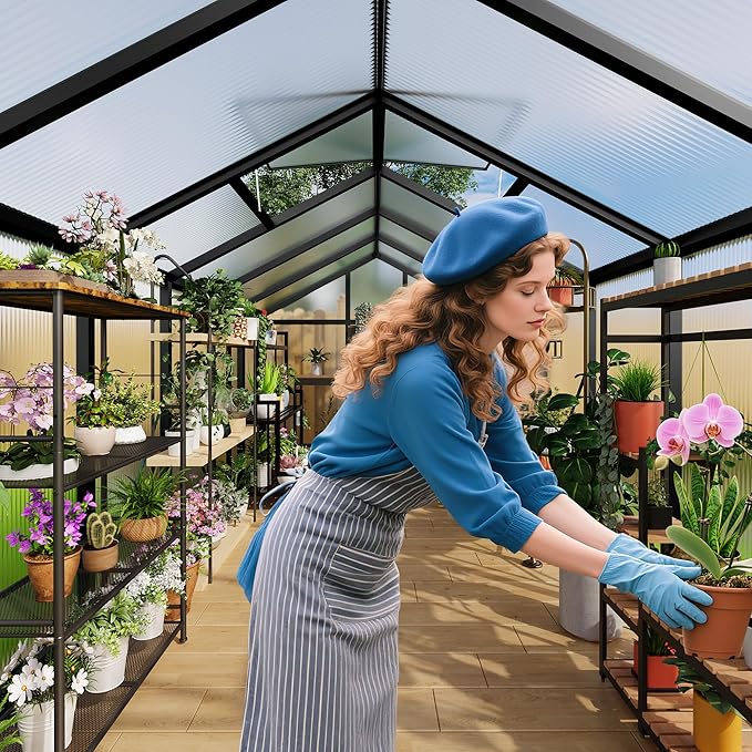 8 x 12 FT Greenhouse, Outdoor Sliding Door, Polycarbonate Greenhouse with Aluminum Frame, Lockable Door and Ajustable Roof Vent for Backyard, Outside Garden Backyard, Patio, Black