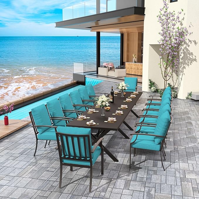16-Piece Patio Dining Set Outdoor Conversation Set,Metal Outdoor Furniture Set with 2 Umbrella Hole Cut-Out 78.7" x 35.4" Tables and 14 Metal Backrest Chairs for Backyard,Garden,Blue