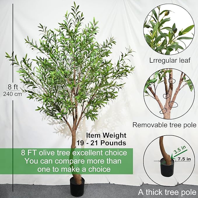 Niwellveb Fake Tree 8FT Faux Olive Tree Artificial Olive Trees Artificial Indoor Realistic Potted Silk Indoor Large Fruit for Home Offices, Living Rooms, Bedrooms, Stairs and Foyer Decor