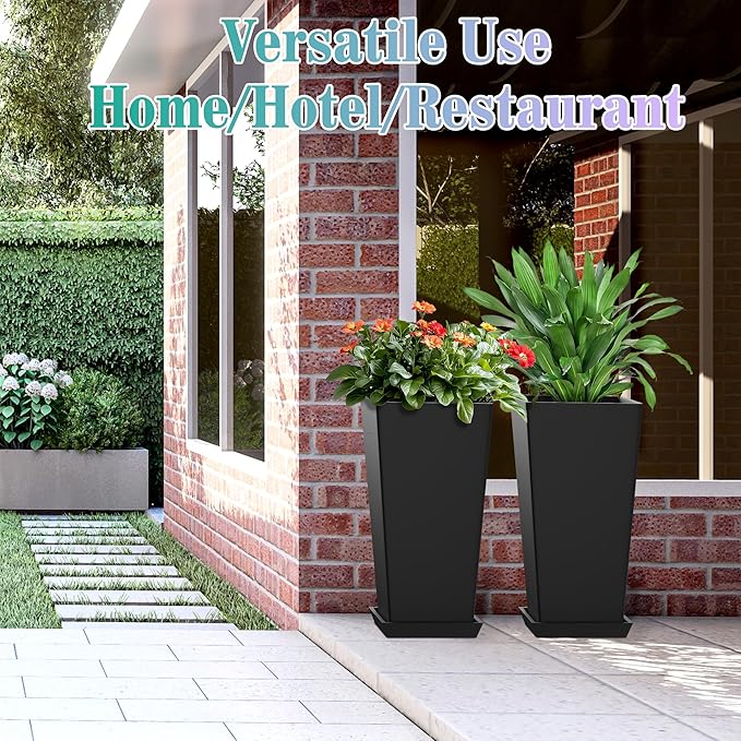 TUYOHW 24 Inch Tall Tapered Square Planters (Set of 2) - Indoor Outdoor Large Flower Pots with Built-in Drainage & Matching Water Tray for Patio, Garden, Home - Black