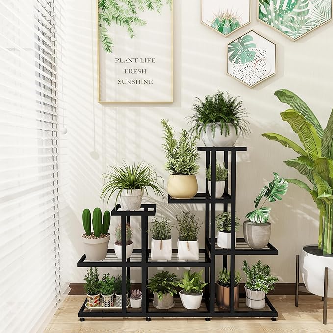 HusDream Plant Stand Indoor Corner Plant Stand Window Sill Plant Shelf for Bonsai Tree Live Plants Indoor Outdoor Metal Flower Rack for Apartment Decor Patio Decor, (6-Tier 16 Potted)