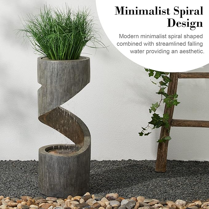 Glitzhome Tiered Outdoor Water Fountain with LED Light, Curved Outdoor Fountain Waterfall with Stone Planter, Freestanding Spiral Outdoor Garden Water Fountains, 31.3”H