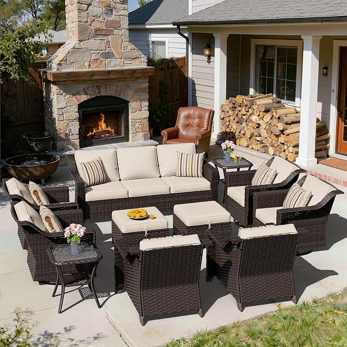 11 Pieces Patio Conversation Furniture Set - 1 Sofa, 2 Ottoman, 2 Armchairs, 4 Swivel Chairs, 2 Side Tables, Outdoor Wicker Furniture with Removable Cushions for Porch, Sunroom (Beige)