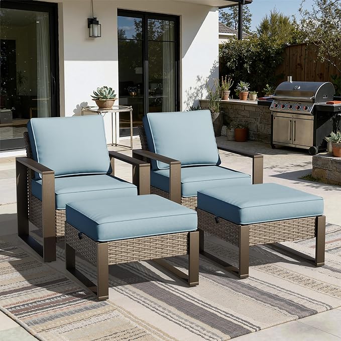 Joyside Outdoor Patio Chairs, 4 Pieces Wicker Rattan Furniture Set, 2 Patio Chairs and 2 Ottoman, Metal Wide Armrest, Thick Cushions and Deep Seating for Garden, Backyard, Porch, Deck