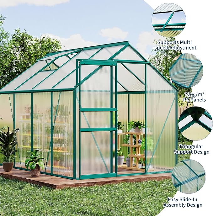 GAOMON 6 x 8 FT Polycarbonate Greenhouse - Winter Greenhouses for Outdoors, Aluminum Frame, Sliding Door, Adjustable Roof Vent, Backyard Green Houses, Green