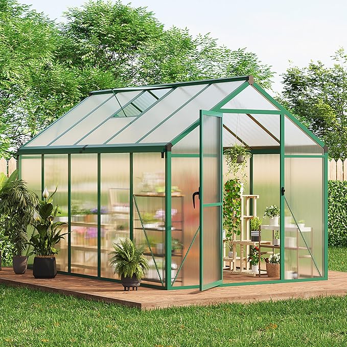 6X10 Ft Polycarbonate Greenhouse Sunroom with Aluminum Frame, Outdoor Greenhouse for Vegetables Herbs Flowers, Lockable Door & Adjustable Roof Vent, Patio Backyard Greenhouse Kit for Gardening, Green