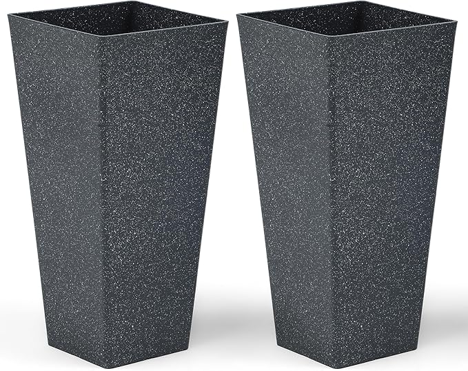 Autodaya 28" Plant Pots Tall Planters for Plants Outdoor Set of 2 Plastic Planter Pot Large Flower Pots Indoor Weather-Resistant for Patio, Porch, Garden, Front Door Christmas Decor Terrazzo Black