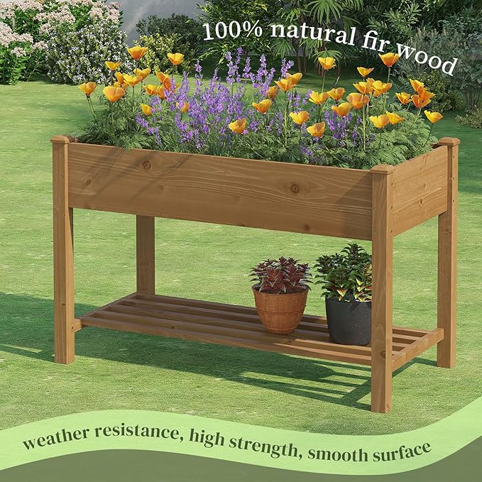 Wooden Raised Garden Bed, Planter Box with Legs, Garden Planter with Divider Bag for Backyard, Patio, Balcony, Planter Stand Box for Herbs and Vegetables (Brown-M)