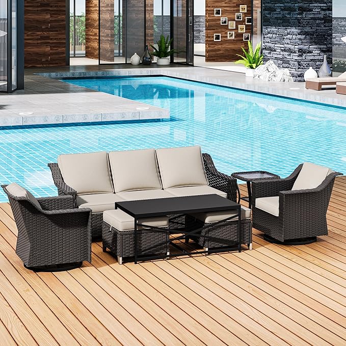 7 Pieces Outdoor Conversation Furniture Set - 77" Patio Sofa, 2 Swivel Rocker Chairs, 2 Ottomans, 1 Side Table, 1 Metal Table, Wicker Couch with Washable Cushions for Balcony (Beige)
