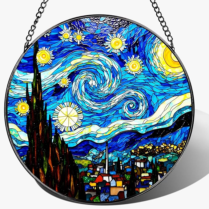 LAOWEIKI 8'' Van Gogh Starry Night Sun Catcher Ornament, Stained Glass Window Hanging, Sun Catchers for Windows Hanging Ornaments, Window Decor, Ideal Gift | Gifts for Art Lovers, Friends, Family