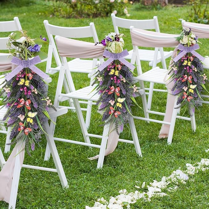 2 Pcs 24inch Artificial Lavender Teardrop Wreaths Swag Spring Summer Butterfly Lavender Purple Wreath Swag Hanging Decoration for Kitchen Cabinet Doors Windows Walls Party Home Decor