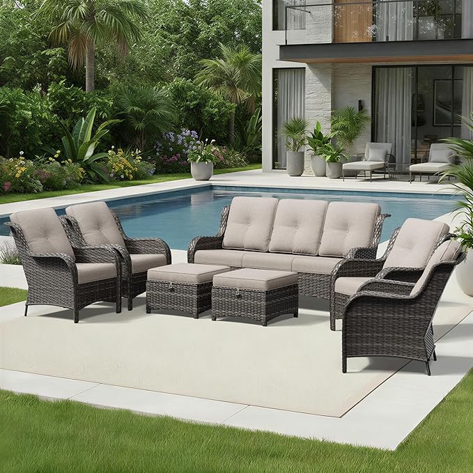Joyside 7 Piece Wicker Patio Furniture Set, Rattan Patio Chairs with High Back, Deep Seating, Wide Armrest, Thickened Cushions, Outdoor Furniture for Deck, Porch Use