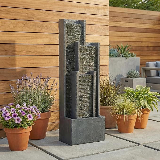 40" H Outdoor Water Fountain, Modern Floor Standing Cascading Waterfall with LED Lights, Resin Water Feature for Porch Patio Garden Home Office, Black