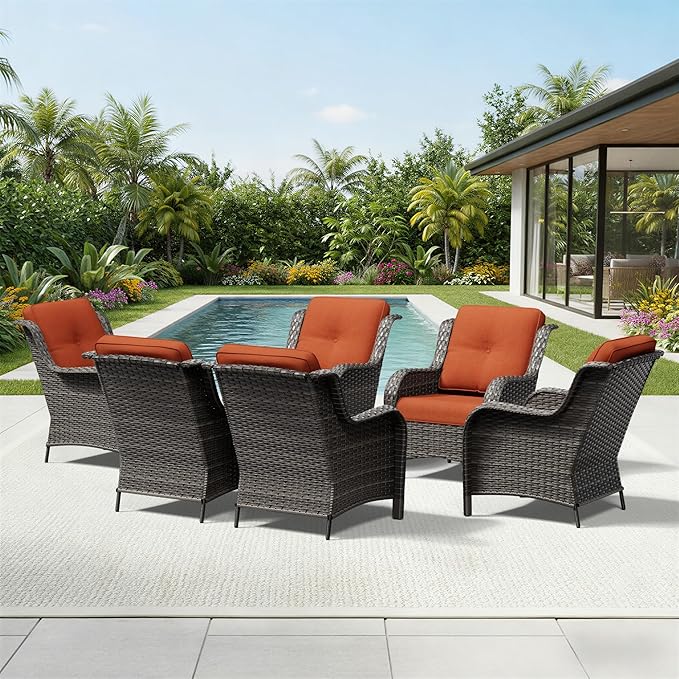 Joyside 6 Piece Wicker Patio Furniture Set, Rattan Patio Chairs with High Back, Deep Seating, Wide Armrest, Thickened Cushions, Outdoor Furniture for Deck, Porch Use