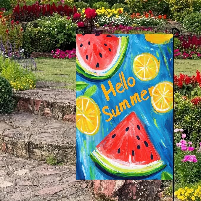 Hello Summer Garden Flag Double Sided 12 x 18 Fruity Watermelon Lemon Juice Small Decorative Farmhouse Yard Seasonal Decor Outdoor Outside