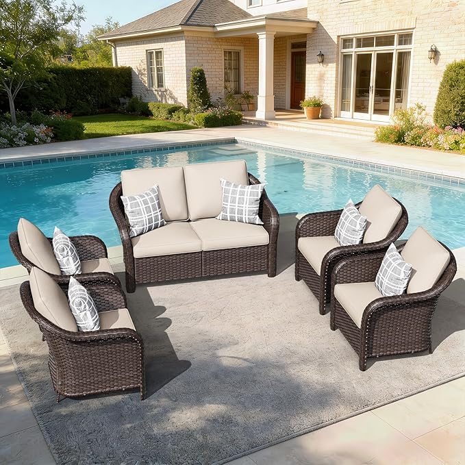 5 PCS Outdoor Conversation Set | 55" Couch, 4 Chairs, Patio Wicker Conversation Furniture with Removable Cushions for Bistro, Deck, Sunroom (Beige)