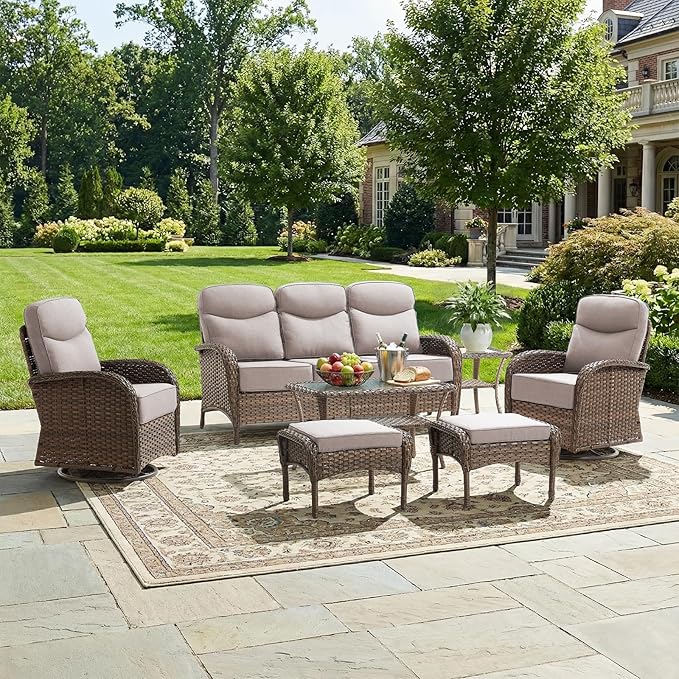 Luxury Patio Furniture Set with 6-inch Thick Cushions, Outdoor Furniture Set with High Back Swivel Chairs, 7 PCS Wicker Outdoor Conversation Set for Porch, Patio, Yard, Deck, Poolside, Brown/Beige