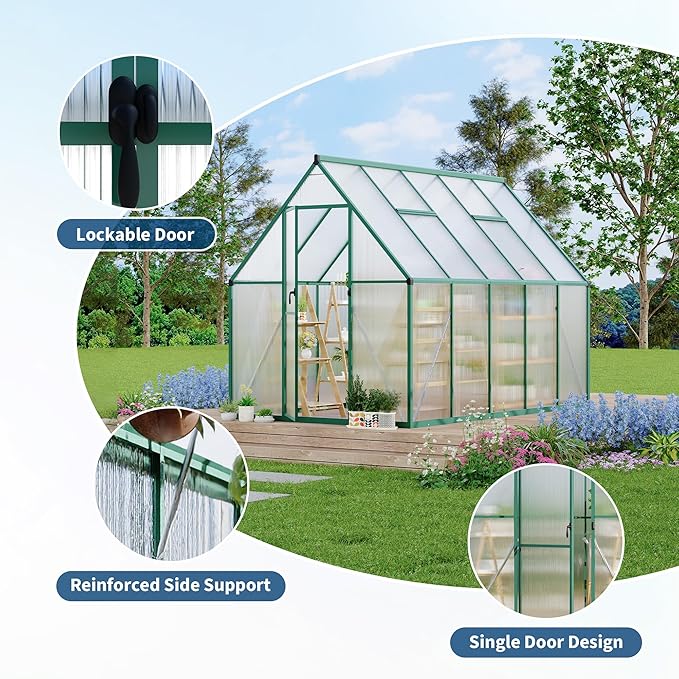 6X9 ft Polycarbonate Greenhouse with Aluminum Frame, Polycarbonate Greenhouse for Outdoors, Greenhouses with Ventilation, Aluminum Large Walk-in Greenhouses for Outside