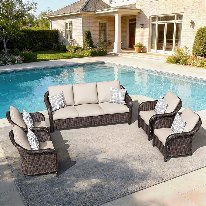 5 PCS Outdoor Conversation Set | 78" Couch, 4 Chairs, Patio Wicker Conversation Furniture with Removable Cushions for Bistro, Deck, Sunroom (Beige)