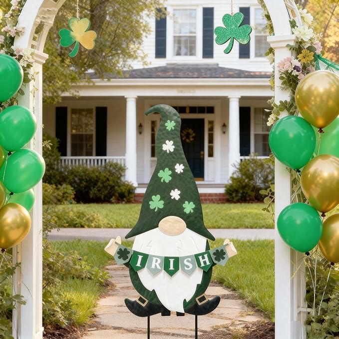TERESA'S COLLECTIONS St. Patricks Decorations Outdoor for Home, Metal Garden Gnomes Decor Yard Stakes, Green Garden Stakes Gifts for Party, Saint Patricks Yard Signs for Outside Lawn Porch Patio, 27"