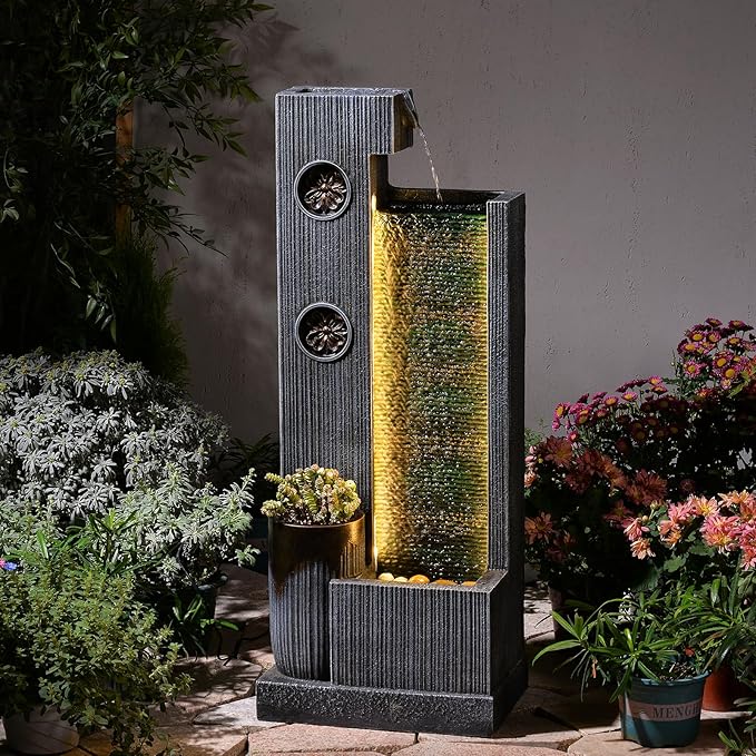 37" H Modern Indoor Water Fountains - Rectangular Outdoor Waterfall Fountain with LED Lights and Pump and Sculpted Flowers for Office, Living Room, Bedroom, Garden and Home Art Decor