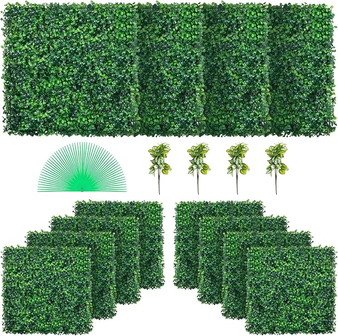 VEVOR 12PCS Artificial Boxwood Panels, 20 x 20 inch Boxwood Hedge Wall Panels Artificial Grass Backdrop Wall, 1.6 in Sun Protected Privacy Hedge Screen for Indoor Outdoor Garden Fence Backyard