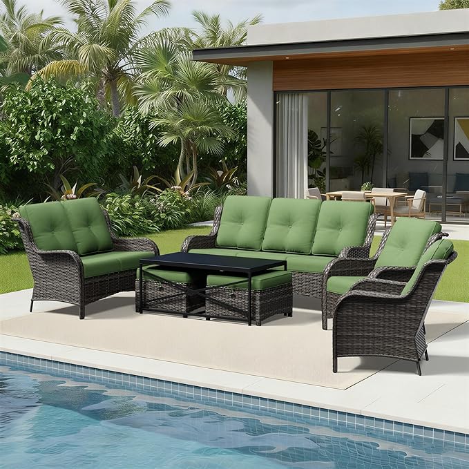 Joyside 7 Piece Wicker Patio Furniture Set, Rattan Patio Chairs with High Back, Deep Seating, Wide Armrest, Thickened Cushions, Outdoor Furniture for Deck, Porch Use