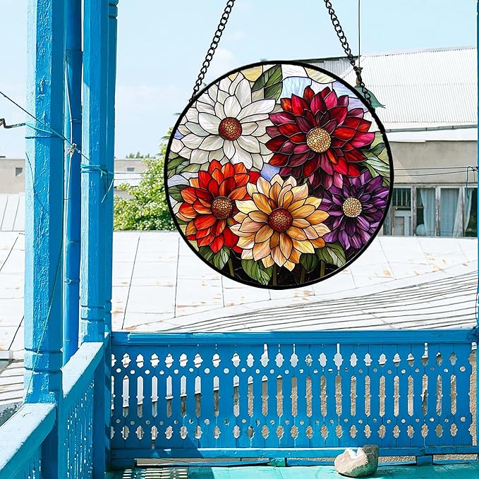 AMDERVEN Stained Glass Window Hanging, Colorful Flowers Sun Catcher for Window Door Home Decor Plant Suncatcher Christmas Mother's Day Birthday Gifts for Women Men Mom and Nana 6.3 in