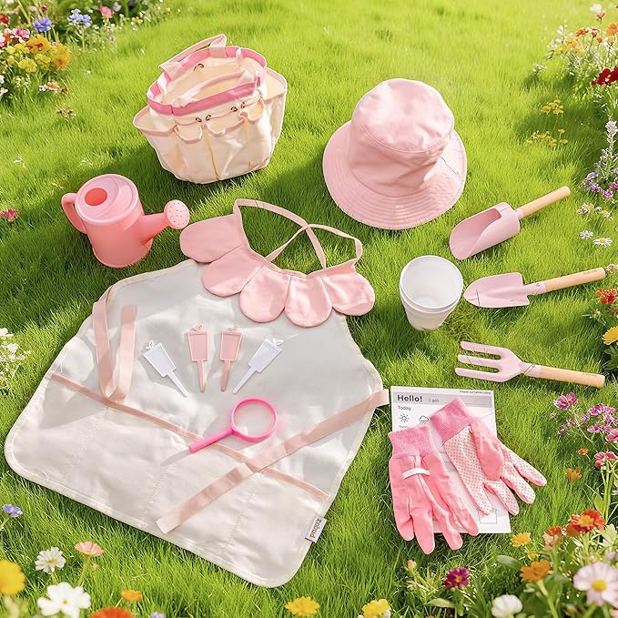 ROBUD Kid Gardening Set, Wooden Garden Tool for Kid, Garden Tool Kit with Tool Storage Bag, Apron, Gloves, Montessori Toys for Kids to be Closed to Nature, WRP51