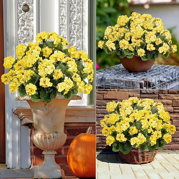 Uqueeten Artificial Flowers for Outdoors Artificial Geranium,Fake Flower Geranium Artificial Plant Home Decor,Silk Geraniums Artificial Flowers Realistic Outdoor Flower Decoration14.4(Yellow) 8PCS