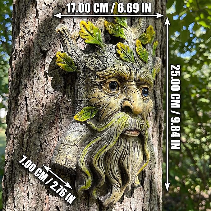 9.8" Whimsical Tree Face Sculpture, Garden Peeker Statue, Outdoor Trunk Tree Huggers Art, Landscape Accent Ornament, Hanging Fairy Elve Figurine for Yard Art, Trees Decor Wall Mounted Statues