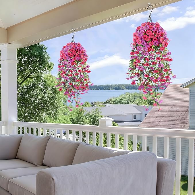 AmberFun Artificial Hanging Flowers for Outdoors,No Fade 2 Bundles Fake Silk Flowers for Outside, Realistic Faux Plants Decorations for Hanging Baskets, Planters-Porch, Patio, Yard Decor