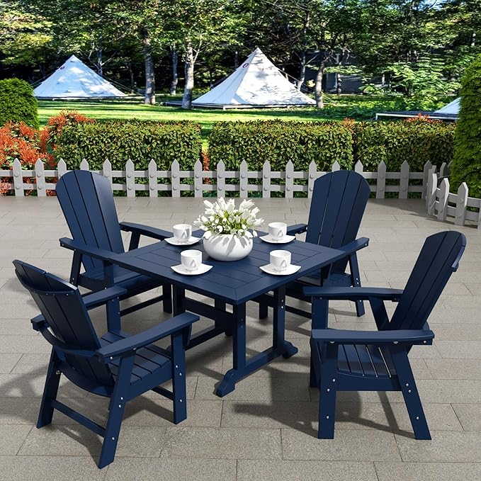 WestinTrends Malibu 5 Piece Adirondack Outdoor Dining Set, All Weather Poly Lumber Patio Table and Chairs Furniture Set, 43" Trestle Square Dining Table and 4 Adirondack Dining Chair, Navy Blue