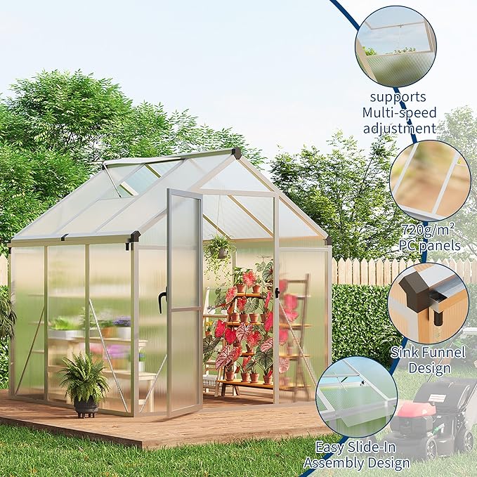 6×6 FT Greenhouse, Large Walk in Greenhouses for Outdoors and Garden Planting, Polycarbonate Greenhouse with Enhanced Aluminum Frame, Green Houses with Quick Setup Structure and Roof Vent, Silver