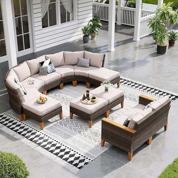 Sophia & William Outdoor Wicker Sectional Sofa Set, Half Moon Curved Patio Furniture Set with Ottman, High Back Patio Rattan Conversation Set for Porch, Backyard,Pool(Beige, 11 Piece)