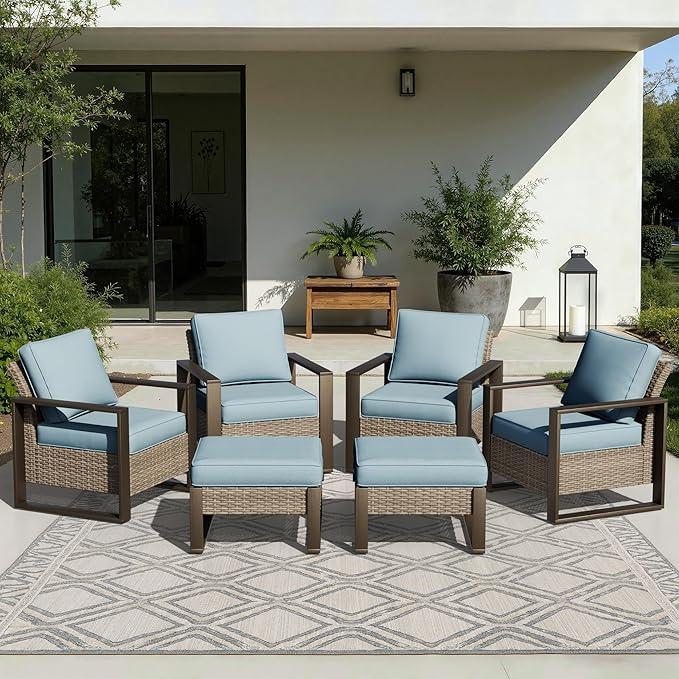 Joyside Outdoor Patio Chairs, 6 Pieces Wicker Rattan Furniture Set, 4 Patio Chairs and 2 Ottoman, Metal Wide Armrest, Thick Cushions and Deep Seating for Garden, Backyard, Porch, Deck