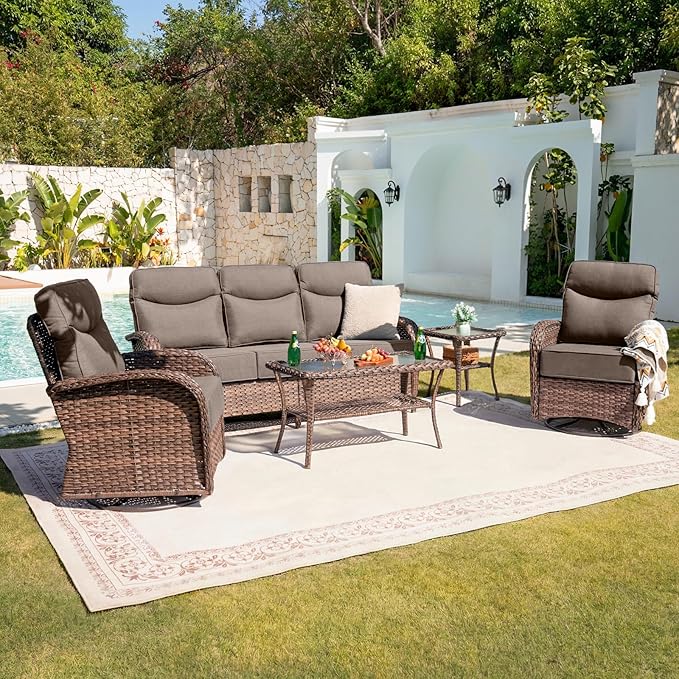 Belord Upgraded 6“ Cushion Luxury 5 Piece Patio Furniture Set - High Back Outdoor Furniture Set with Swivel Rocker Patio Chairs, All-Weather Wicker Conversation Set for Deck Porch Yard - Brown/Grey